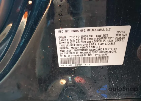 2018 Honda Pilot Touring z USA, uszkodzony, nr VIN 5FNYF5H93JB011949